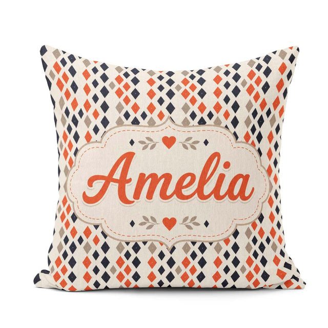 Custom Name Diamond Seamless Pattern in Navy Orange Beige Lovely Square Filled Cushion Throw Pillow Sofa Bed Home Decor Zip Washable UK Made
