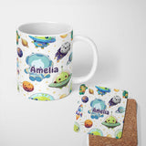 Personalized Custom Name Space Astronaut Alien UFO Planets Meteors Stars Seamless White 11oz Ceramic Coffee Tea Mug White Large Handle