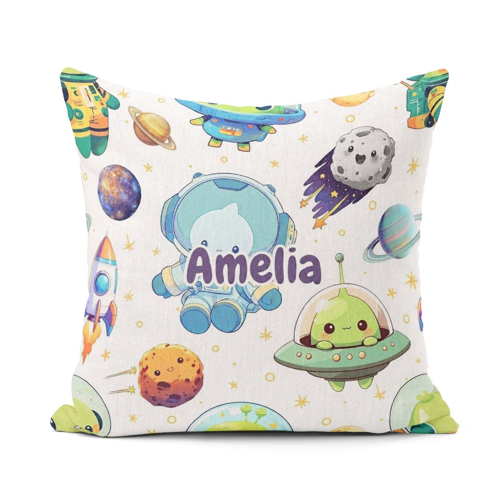 Custom Name Space Alien UFO Planets Meteors Stars Seamless White Square Filled Cushion Throw Pillow Sofa Bed Home Decor Zip Washable UK Made