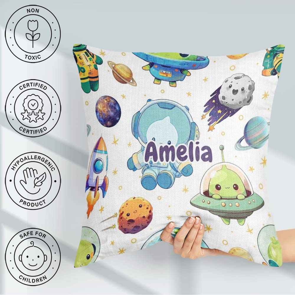 Custom Name Space Alien UFO Planets Meteors Stars Seamless White Square Filled Cushion Throw Pillow Sofa Bed Home Decor Zip Washable UK Made