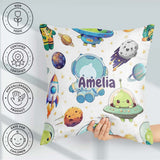 Custom Name Space Alien UFO Planets Meteors Stars Seamless White Square Filled Cushion Throw Pillow Sofa Bed Home Decor Zip Washable UK Made