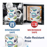 Personalized Custom Name Space Astronaut Alien UFO Planets Meteors Stars Seamless White 11oz Ceramic Coffee Tea Mug White Large Handle