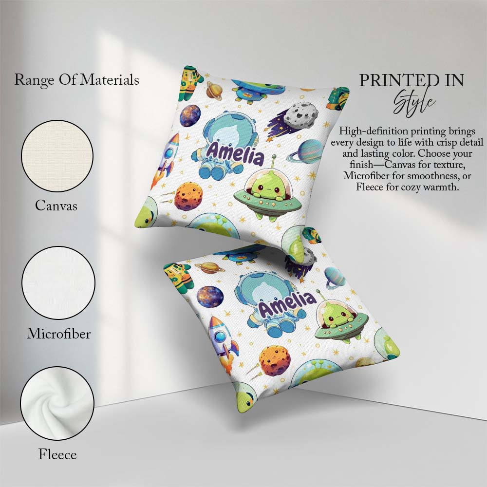 Custom Name Space Alien UFO Planets Meteors Stars Seamless White Square Filled Cushion Throw Pillow Sofa Bed Home Decor Zip Washable UK Made