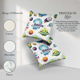Custom Name Space Alien UFO Planets Meteors Stars Seamless White Square Filled Cushion Throw Pillow Sofa Bed Home Decor Zip Washable UK Made