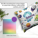 Custom Name Space Alien UFO Planets Meteors Stars Seamless White Square Filled Cushion Throw Pillow Sofa Bed Home Decor Zip Washable UK Made