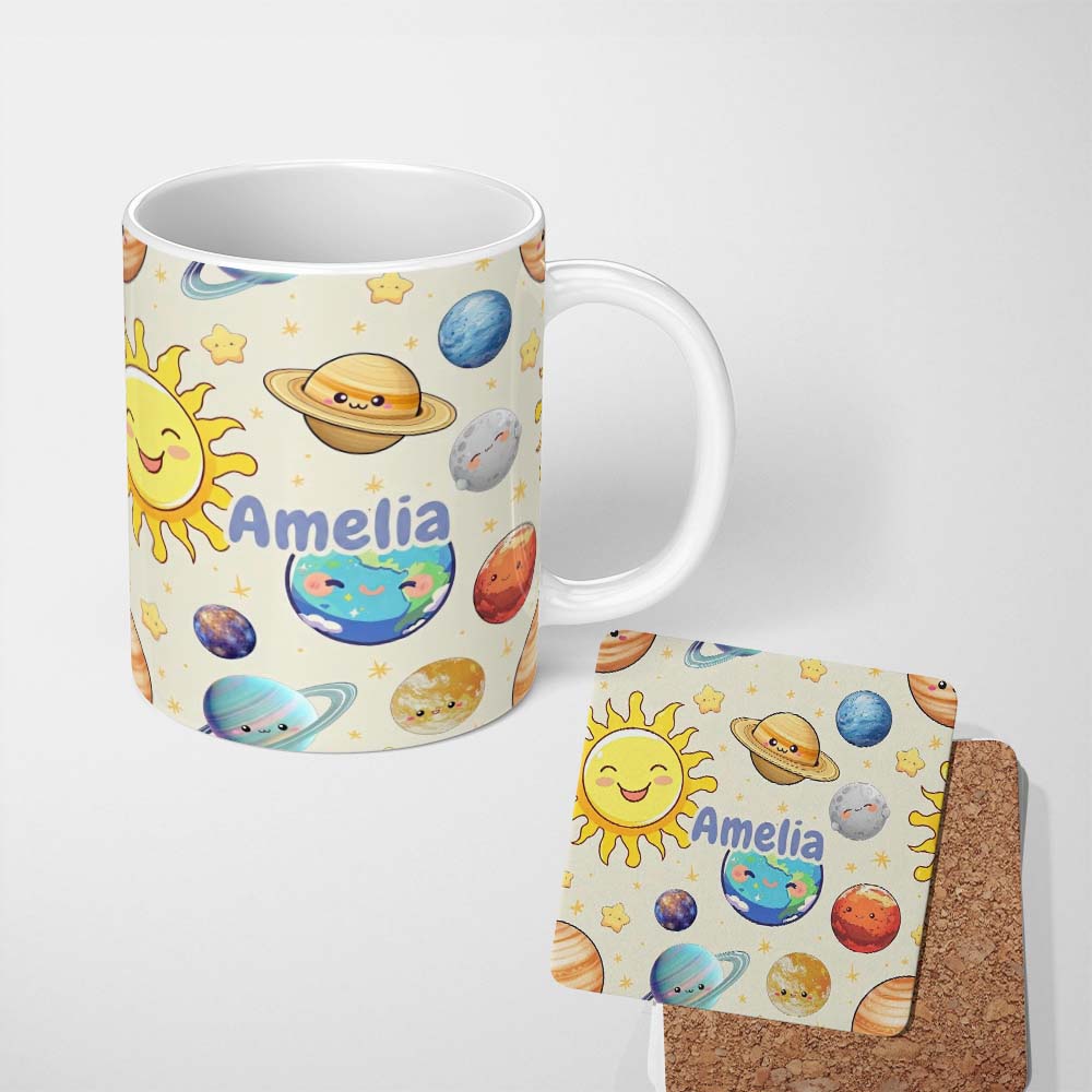 Personalized Custom Name Solar System Sun Earth Saturn Planets Stars Seamless Beige 11oz Ceramic Coffee Tea Mug White Large Handle