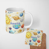 Personalized Custom Name Solar System Sun Earth Saturn Planets Stars Seamless Beige 11oz Ceramic Coffee Tea Mug White Large Handle
