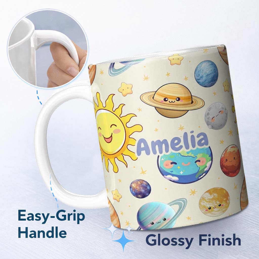 Personalized Custom Name Solar System Sun Earth Saturn Planets Stars Seamless Beige 11oz Ceramic Coffee Tea Mug White Large Handle