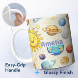 Personalized Custom Name Solar System Sun Earth Saturn Planets Stars Seamless Beige 11oz Ceramic Coffee Tea Mug White Large Handle