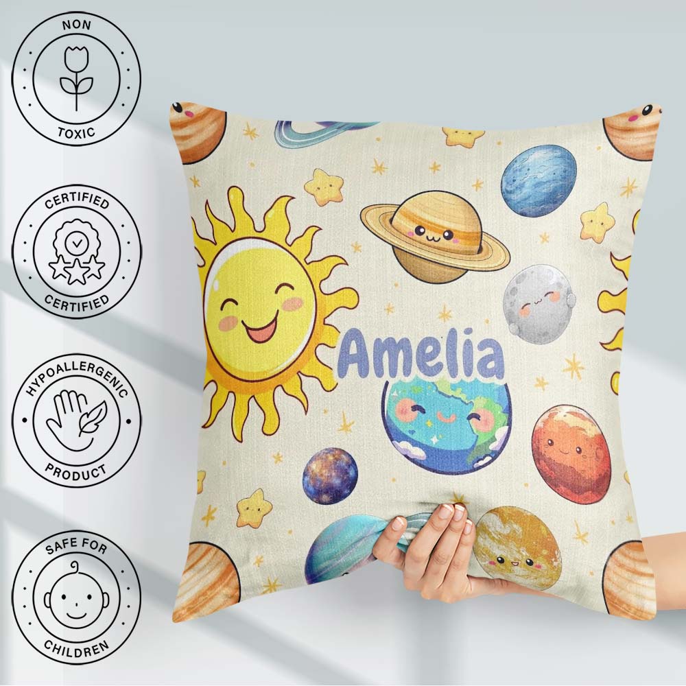 Custom Name Solar System Sun Earth Saturn Planets Stars Seamless Square Filled Cushion Throw Pillow Sofa Bed Home Decor Zip Washable UK Made