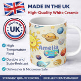 Personalized Custom Name Solar System Sun Earth Saturn Planets Stars Seamless Beige 11oz Ceramic Coffee Tea Mug White Large Handle