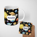 Personalized Custom Name Solar System Sun Earth Saturn Planets Stars Seamless Black 11oz Ceramic Coffee Tea Mug White Large Handle