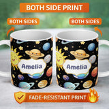 Personalized Custom Name Solar System Sun Earth Saturn Planets Stars Seamless Black 11oz Ceramic Coffee Tea Mug White Large Handle