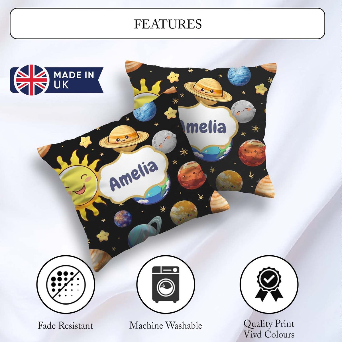 Custom Name Solar System Sun Earth Saturn Planets Stars Seamless Square Filled Cushion Throw Pillow Sofa Bed Home Decor Zip Washable UK Made