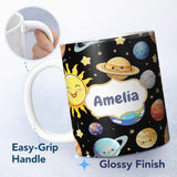 Personalized Custom Name Solar System Sun Earth Saturn Planets Stars Seamless Black 11oz Ceramic Coffee Tea Mug White Large Handle