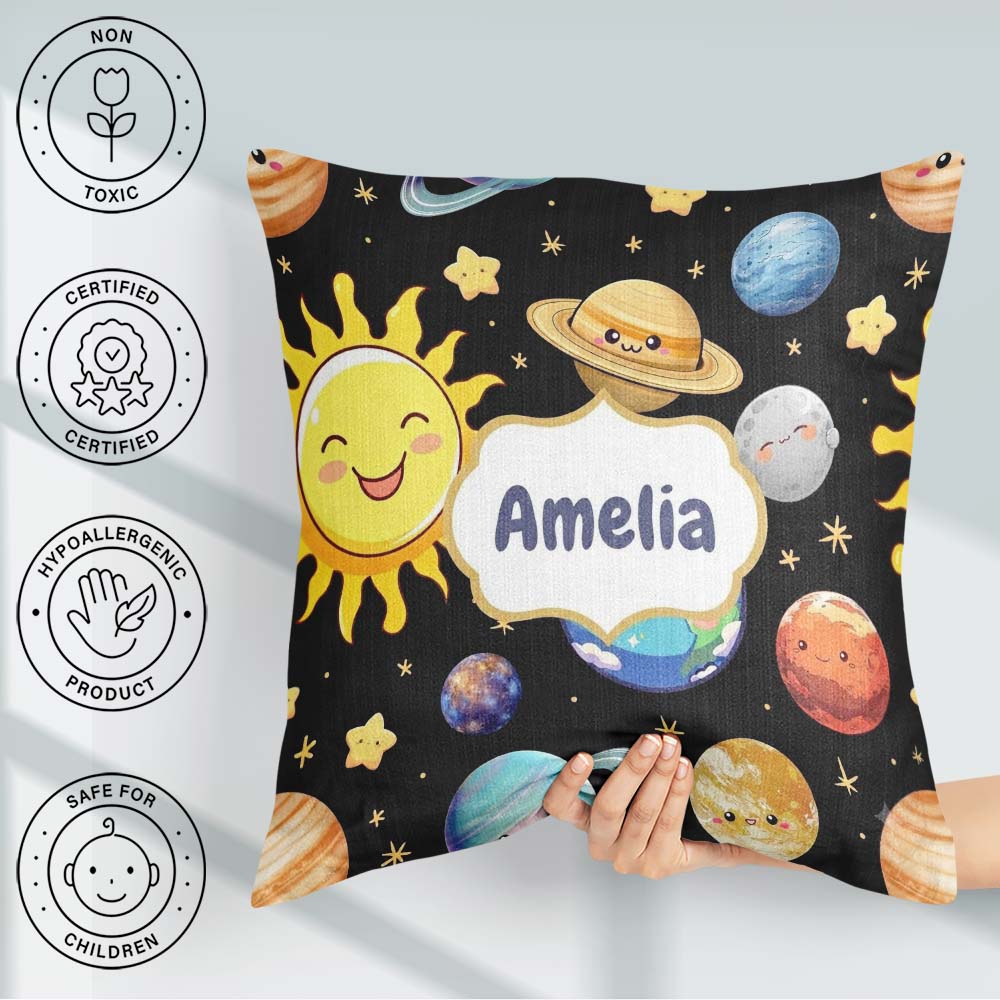 Custom Name Solar System Sun Earth Saturn Planets Stars Seamless Square Filled Cushion Throw Pillow Sofa Bed Home Decor Zip Washable UK Made