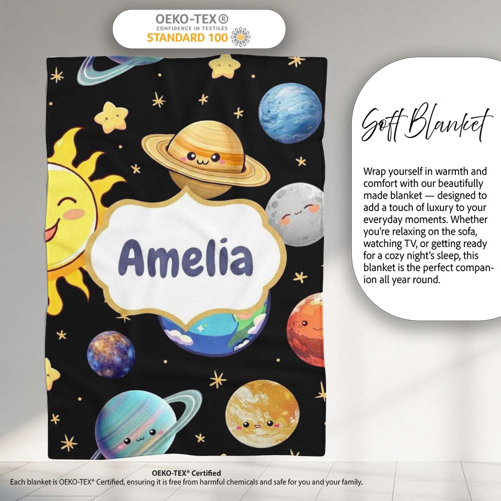 Solar System Sun Earth Saturn Planets Stars Seamless Black  Personalised Custom Name Super Soft Fleece Blanket Bed Sofa Throw
