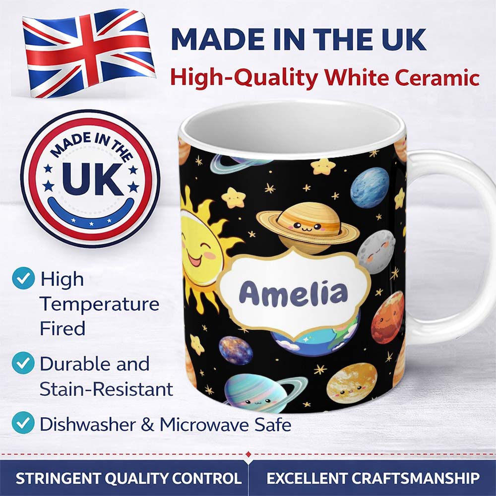 Personalized Custom Name Solar System Sun Earth Saturn Planets Stars Seamless Black 11oz Ceramic Coffee Tea Mug White Large Handle