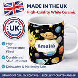 Personalized Custom Name Solar System Sun Earth Saturn Planets Stars Seamless Black 11oz Ceramic Coffee Tea Mug White Large Handle