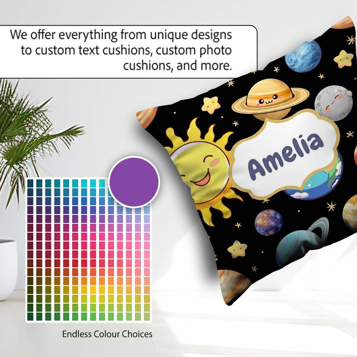 Custom Name Solar System Sun Earth Saturn Planets Stars Seamless Square Filled Cushion Throw Pillow Sofa Bed Home Decor Zip Washable UK Made