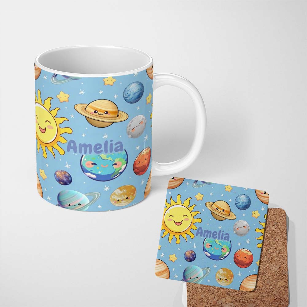Personalized Custom Name Solar System Sun Earth Saturn Planets Stars Seamless Blue 11oz Ceramic Coffee Tea Mug White Large Handle
