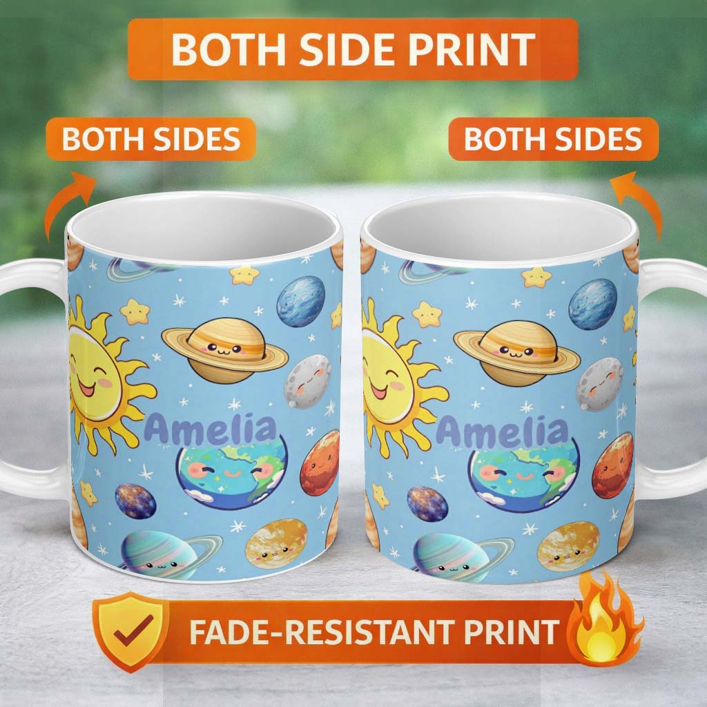 Personalized Custom Name Solar System Sun Earth Saturn Planets Stars Seamless Blue 11oz Ceramic Coffee Tea Mug White Large Handle