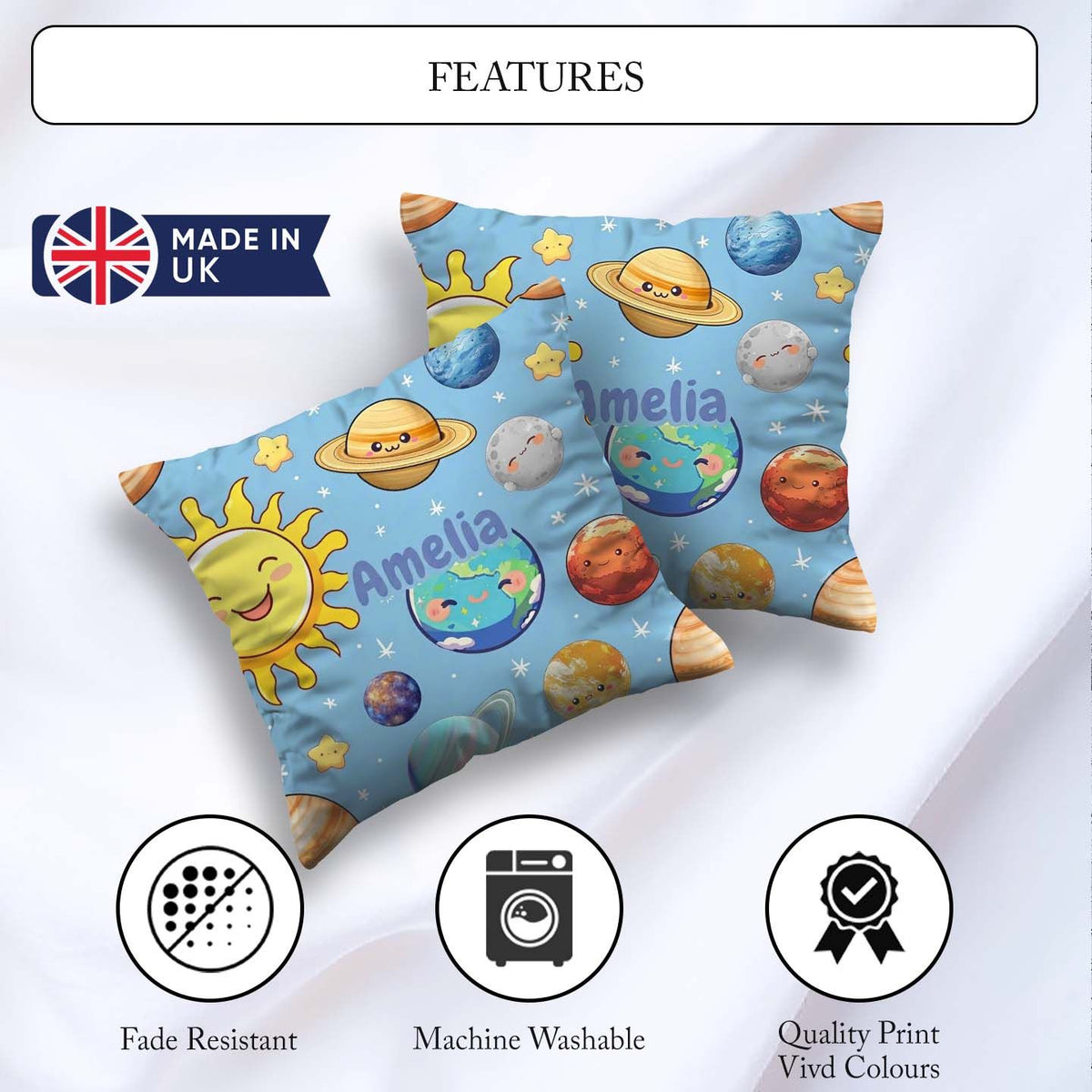 Custom Name Solar System Sun Earth Saturn Planets Stars Seamless Square Filled Cushion Throw Pillow Sofa Bed Home Decor Zip Washable UK Made