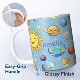 Personalized Custom Name Solar System Sun Earth Saturn Planets Stars Seamless Blue 11oz Ceramic Coffee Tea Mug White Large Handle