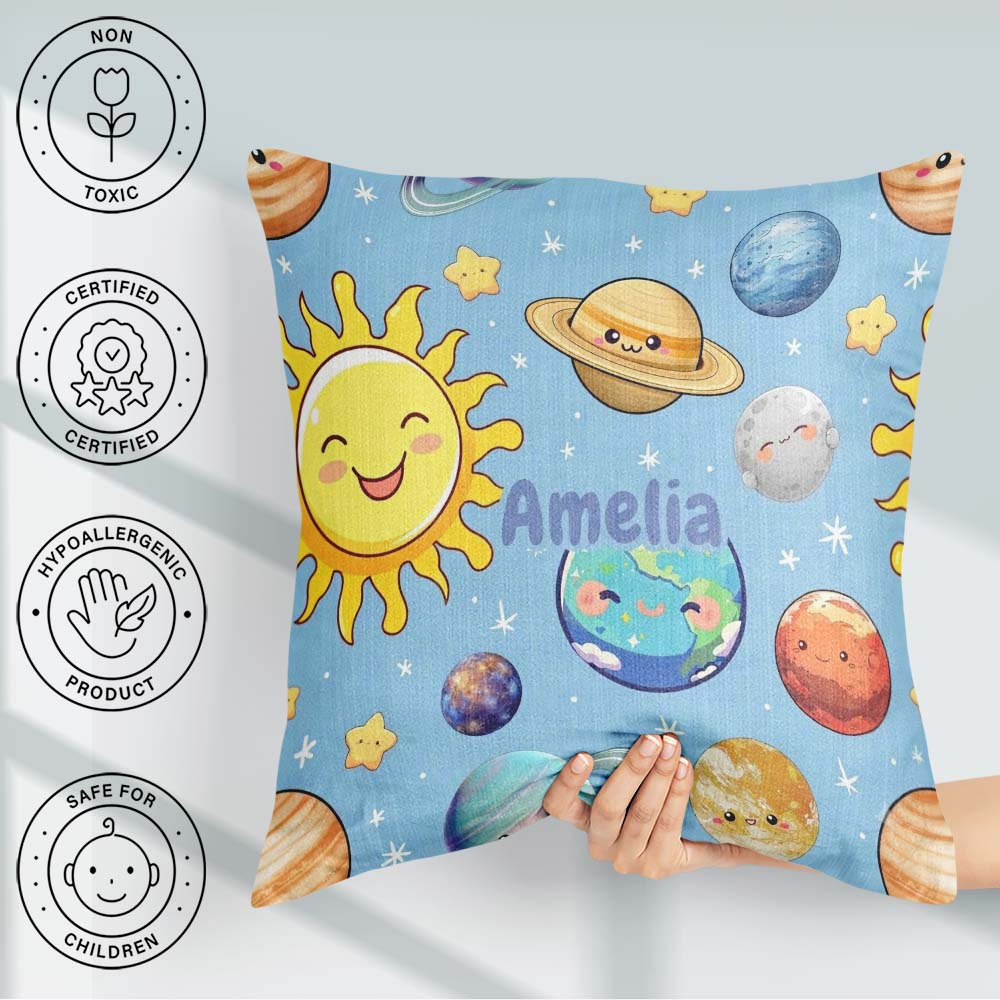 Custom Name Solar System Sun Earth Saturn Planets Stars Seamless Square Filled Cushion Throw Pillow Sofa Bed Home Decor Zip Washable UK Made