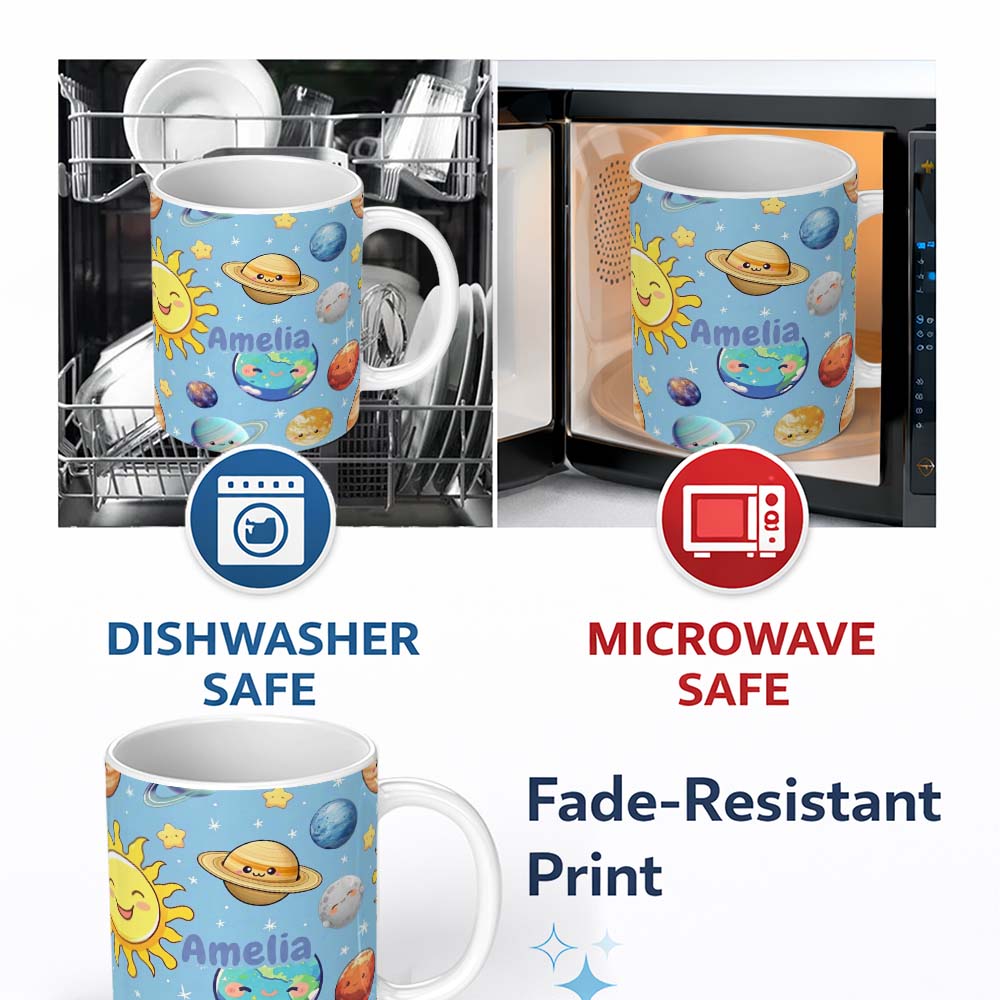 Personalized Custom Name Solar System Sun Earth Saturn Planets Stars Seamless Blue 11oz Ceramic Coffee Tea Mug White Large Handle