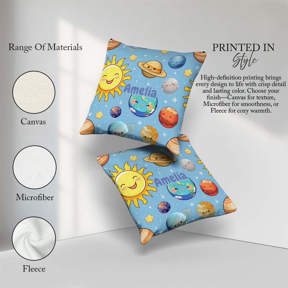 Custom Name Solar System Sun Earth Saturn Planets Stars Seamless Square Filled Cushion Throw Pillow Sofa Bed Home Decor Zip Washable UK Made