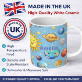 Personalized Custom Name Solar System Sun Earth Saturn Planets Stars Seamless Blue 11oz Ceramic Coffee Tea Mug White Large Handle
