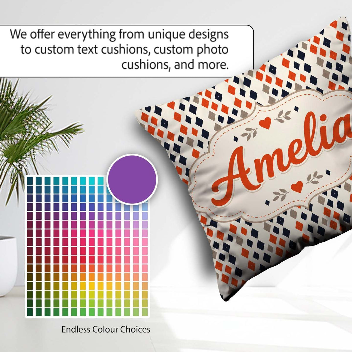Custom Name Diamond Seamless Pattern in Navy Orange Beige Lovely Square Filled Cushion Throw Pillow Sofa Bed Home Decor Zip Washable UK Made