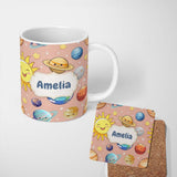 Personalized Custom Name Solar System Sun Earth Saturn Planets Stars Seamless Peach 11oz Ceramic Coffee Tea Mug White Large Handle