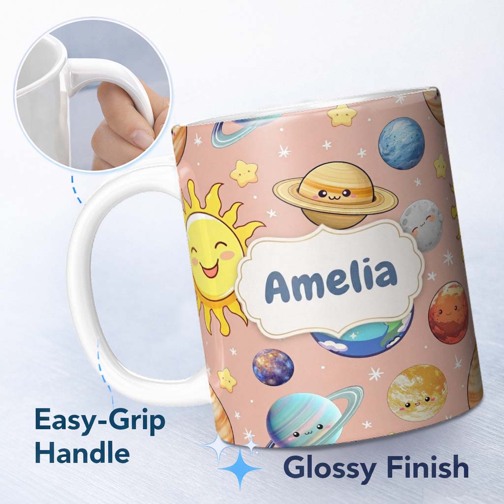 Personalized Custom Name Solar System Sun Earth Saturn Planets Stars Seamless Peach 11oz Ceramic Coffee Tea Mug White Large Handle