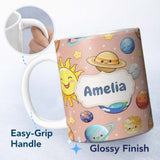 Personalized Custom Name Solar System Sun Earth Saturn Planets Stars Seamless Peach 11oz Ceramic Coffee Tea Mug White Large Handle