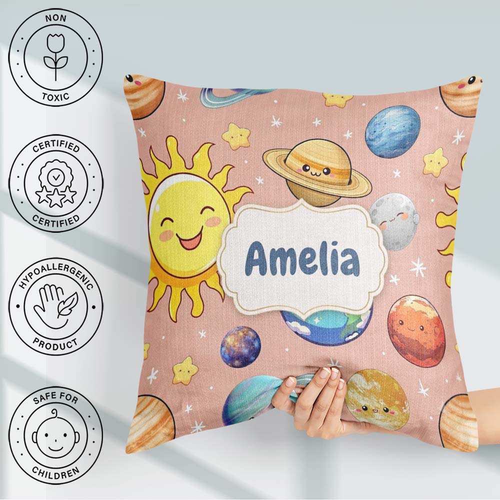 Custom Name Solar System Sun Earth Saturn Planets Stars Seamless Square Filled Cushion Throw Pillow Sofa Bed Home Decor Zip Washable UK Made