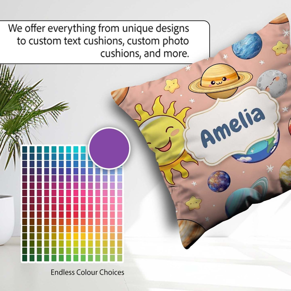 Custom Name Solar System Sun Earth Saturn Planets Stars Seamless Square Filled Cushion Throw Pillow Sofa Bed Home Decor Zip Washable UK Made
