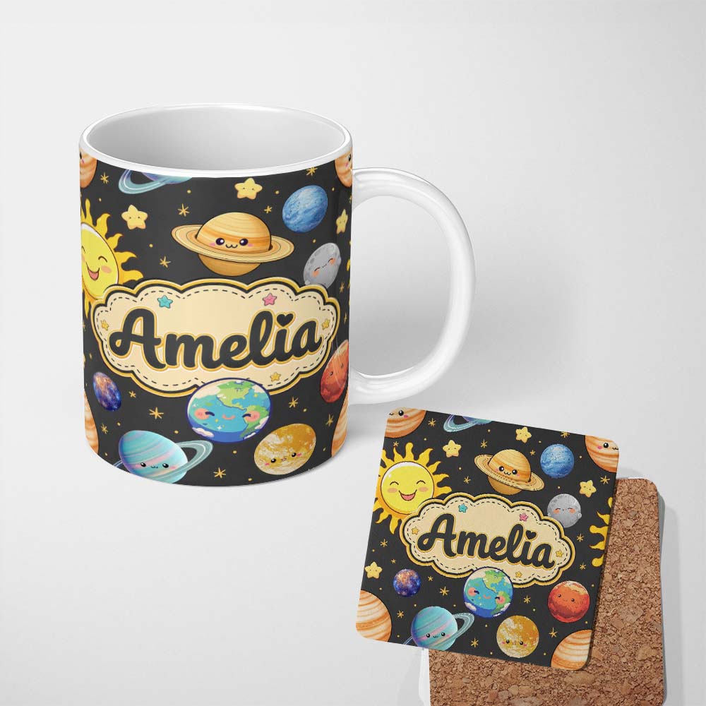 Personalized Custom Name Solar System Sun Earth Saturn Planets Stars Seamless Brown 11oz Ceramic Coffee Tea Mug White Large Handle