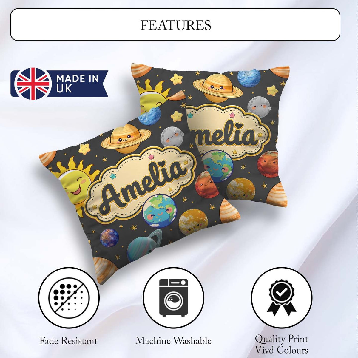 Custom Name Solar System Sun Earth Saturn Planets Stars Seamless Square Filled Cushion Throw Pillow Sofa Bed Home Decor Zip Washable UK Made