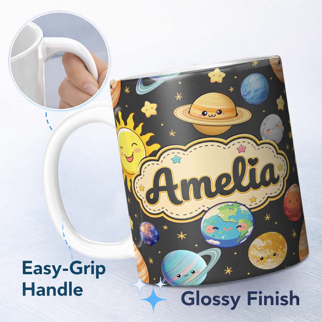 Personalized Custom Name Solar System Sun Earth Saturn Planets Stars Seamless Brown 11oz Ceramic Coffee Tea Mug White Large Handle