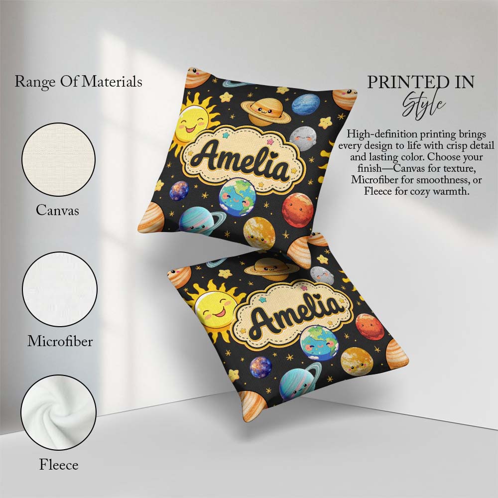 Custom Name Solar System Sun Earth Saturn Planets Stars Seamless Square Filled Cushion Throw Pillow Sofa Bed Home Decor Zip Washable UK Made