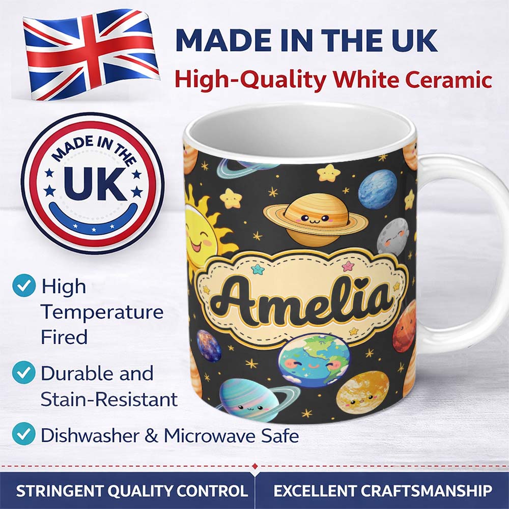Personalized Custom Name Solar System Sun Earth Saturn Planets Stars Seamless Brown 11oz Ceramic Coffee Tea Mug White Large Handle