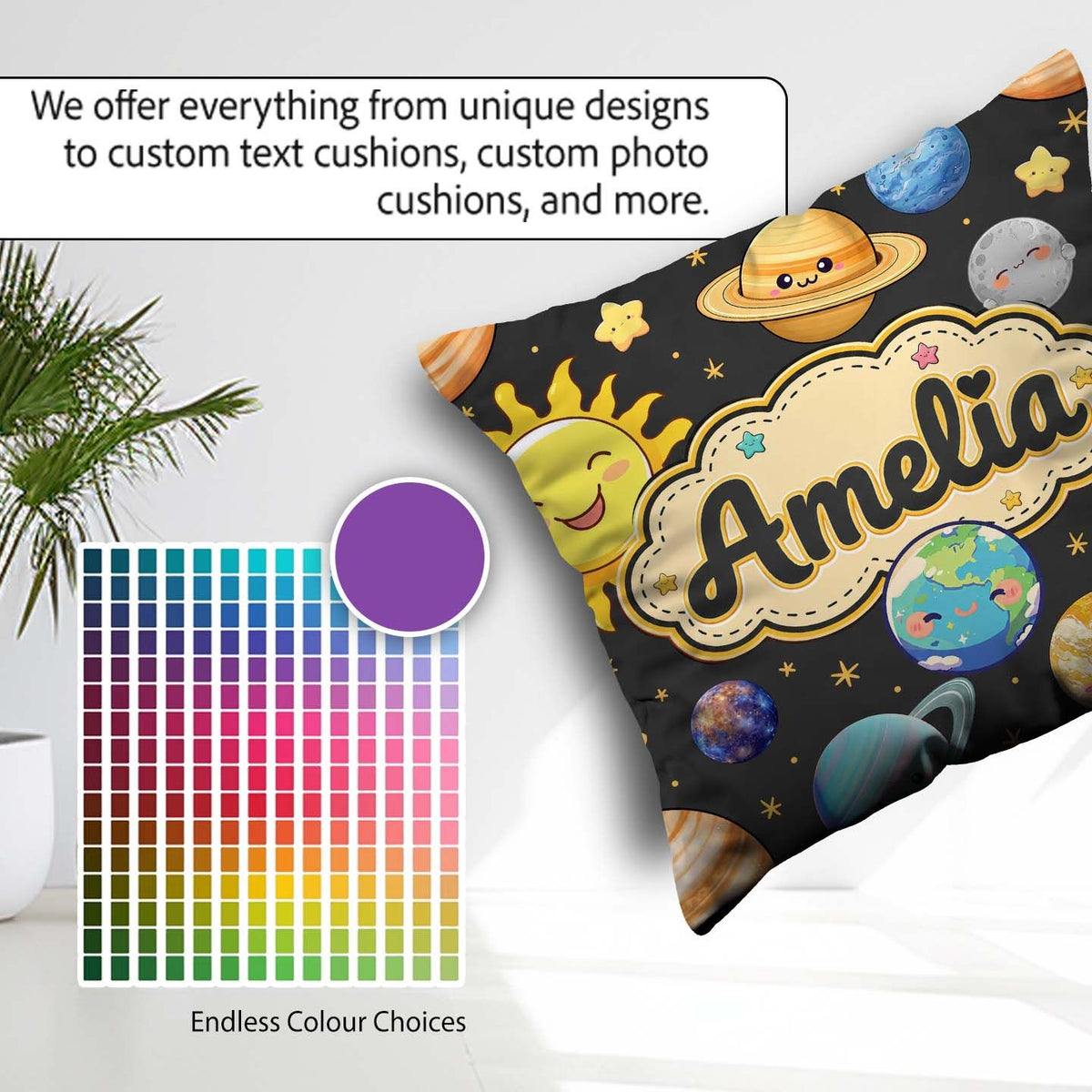 Custom Name Solar System Sun Earth Saturn Planets Stars Seamless Square Filled Cushion Throw Pillow Sofa Bed Home Decor Zip Washable UK Made