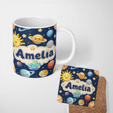 Personalized Custom Name Solar System Sun Earth Saturn Planets Stars Seamless Navy 11oz Ceramic Coffee Tea Mug White Large Handle