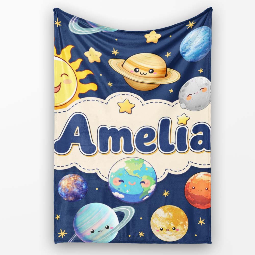 Solar System Sun Earth Saturn Planets Stars Seamless Navy  Personalised Custom Name Super Soft Fleece Blanket Bed Sofa Throw