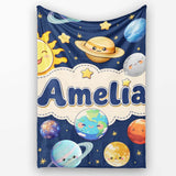 Solar System Sun Earth Saturn Planets Stars Seamless Navy  Personalised Custom Name Super Soft Fleece Blanket Bed Sofa Throw