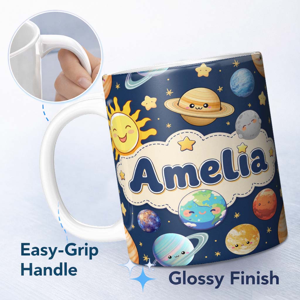 Personalized Custom Name Solar System Sun Earth Saturn Planets Stars Seamless Navy 11oz Ceramic Coffee Tea Mug White Large Handle