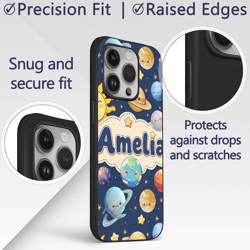 Solar System Sun Earth Saturn Printed Design Custom Name Protective Phone Case Mobile Cover Durable Everyday Smartphone Shock Resistant