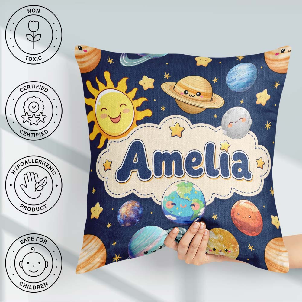 Custom Name Solar System Sun Earth Saturn Planets Stars Seamless Square Filled Cushion Throw Pillow Sofa Bed Home Decor Zip Washable UK Made